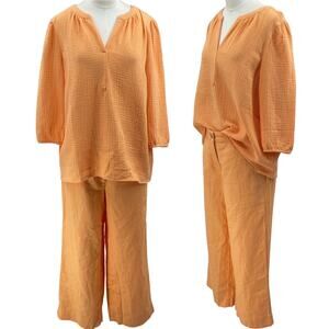 J Jill Matching Set Linen Wide Leg Pants & Gauzy Cotton Blouse Orange Womens S